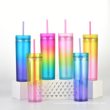 Colorful Hot selling 16oz  classicial Gradient plastic straight bottle Premium Insulated plastic food grade BPA Free